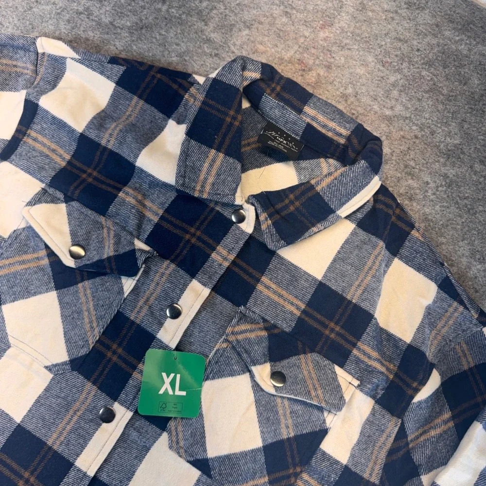 HFX Womens Navy Blue Plaid Flannel Snap‎ Front Shacket Jacket XL